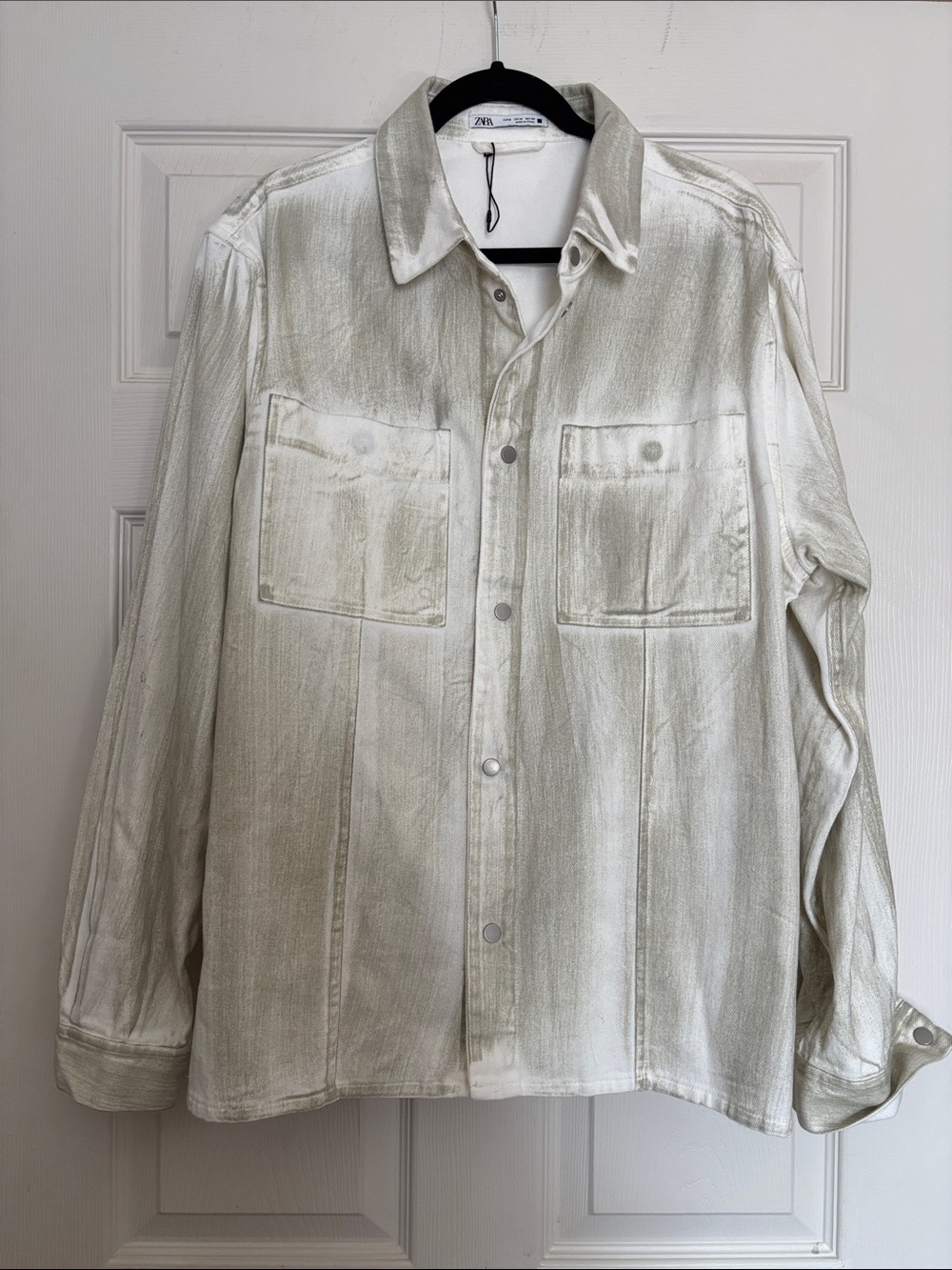 Zara Oversized Cream and Green Button-Down Over-shirt
